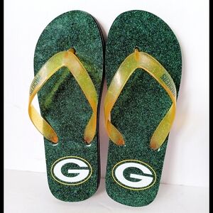💚💛 Green Bay Packers Glitter Sandals Flip Flops Womens 6.5 NFL Football